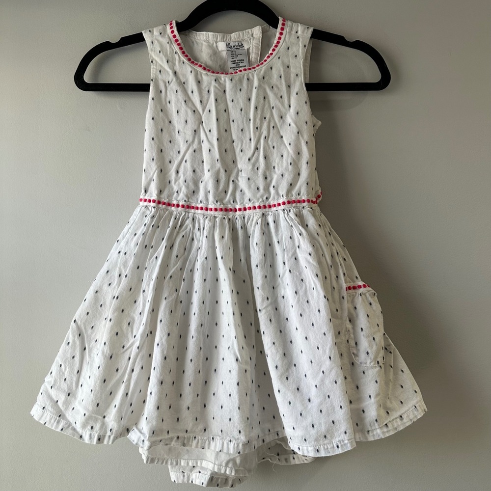Lilly Wicket Dress Girls 5 White Navy Diamond Pink Trim Open Back Good Cotton